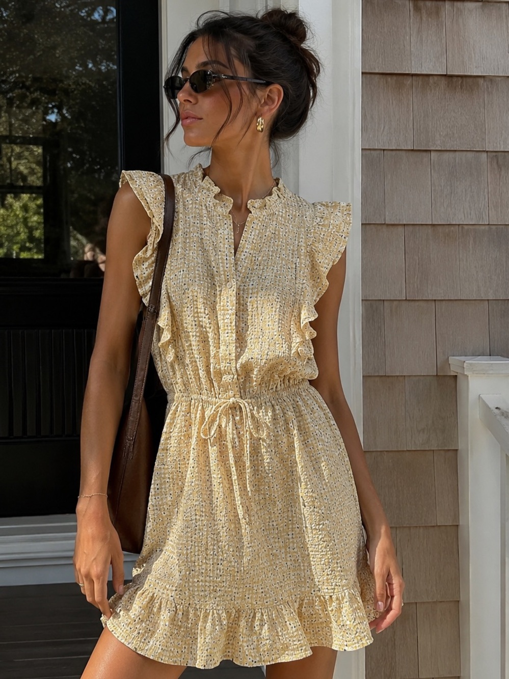 Storia Yellow Gingham Eyelet Ruffle Mini Dress | Summer Cottagecore Coastal | S